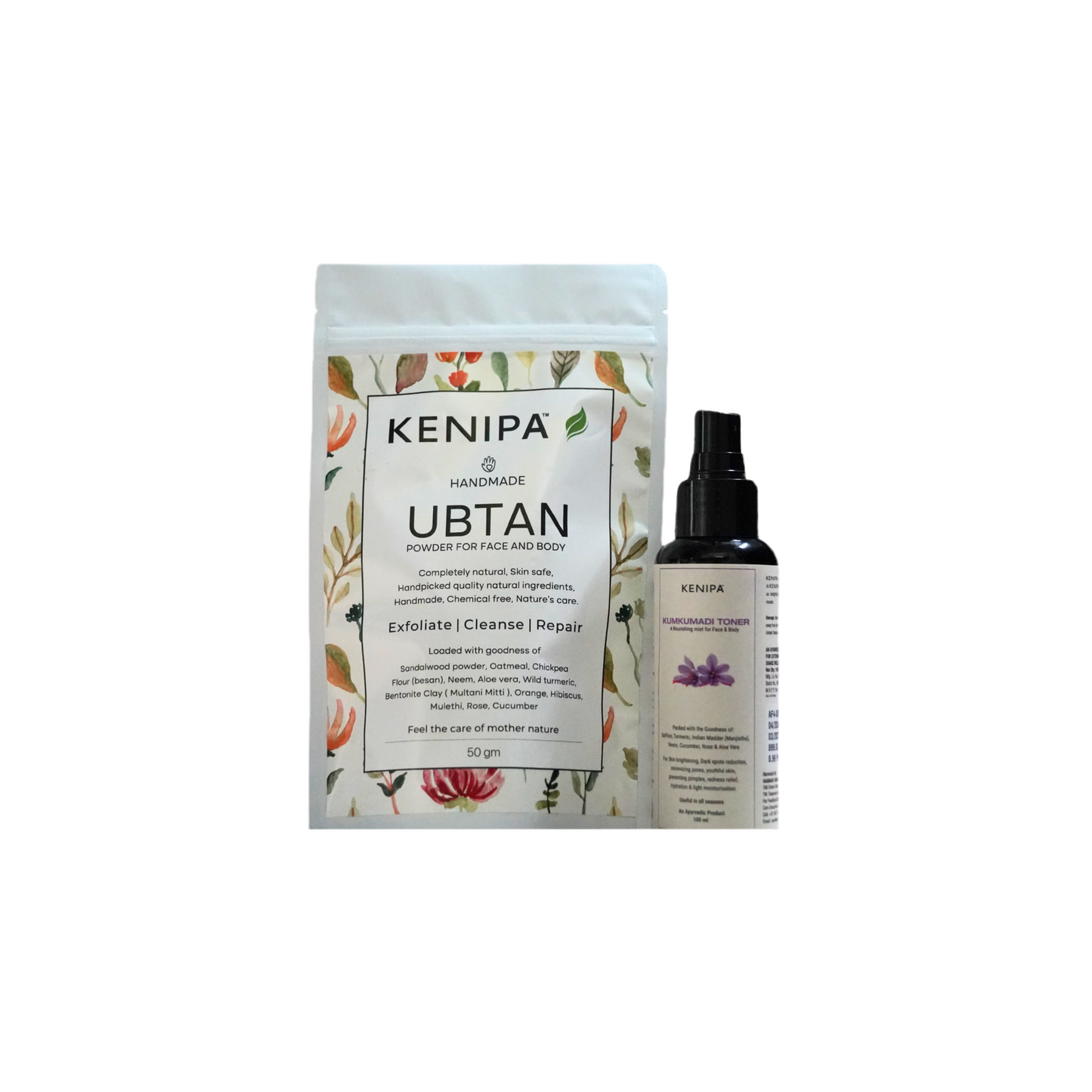 KENIPA HANDMADE UBTAN powder for face and body cleansing 50g and KENIPA Kumkumadi Toner                                                              A nourishing mist for Face & Body 100 ml together