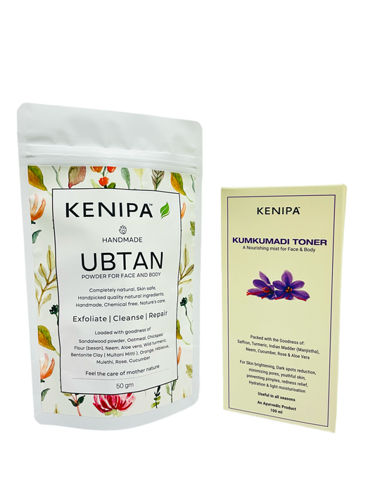 KENIPA HANDMADE UBTAN powder for face and body cleansing 50g and KENIPA Kumkumadi Toner                                                              A nourishing mist for Face & Body 100 ml together