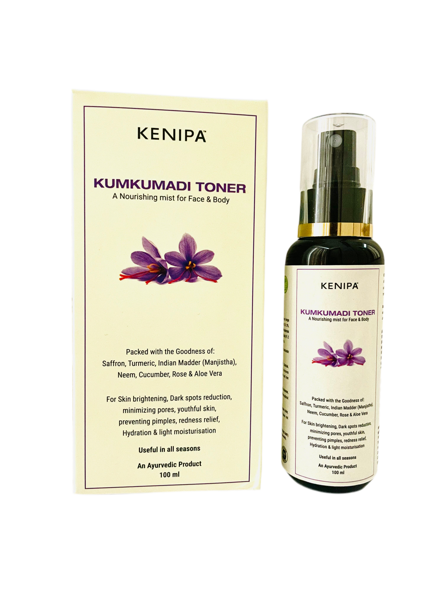 KENIPA HANDMADE UBTAN powder for face and body cleansing 50g and KENIPA Kumkumadi Toner                                                              A nourishing mist for Face & Body 100 ml together